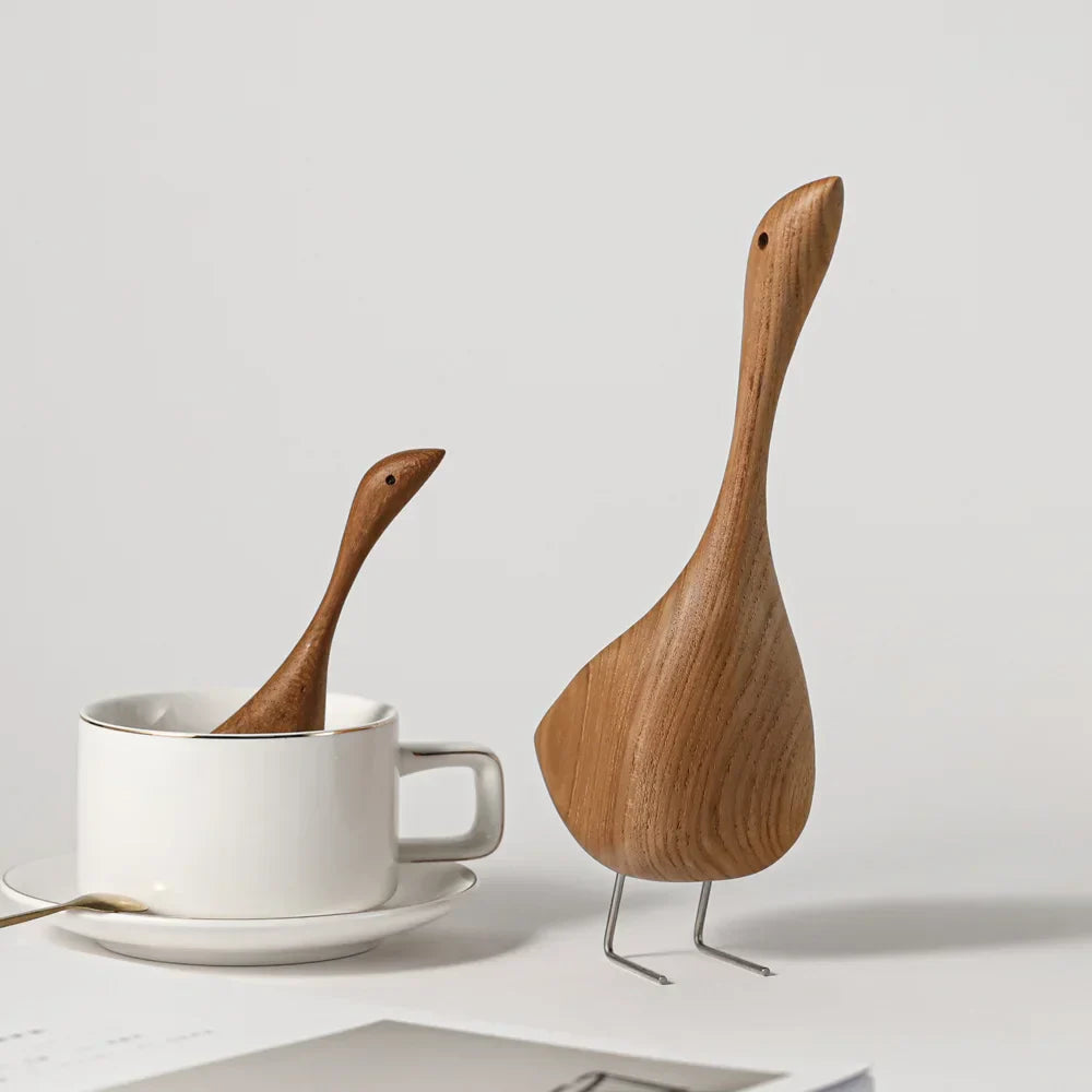 Avtoit | Nordic Wooden Goose Figures Abstract Teak Wood Sculpture Love Couple Figures Natural Animal Ornaments for Home Decoration