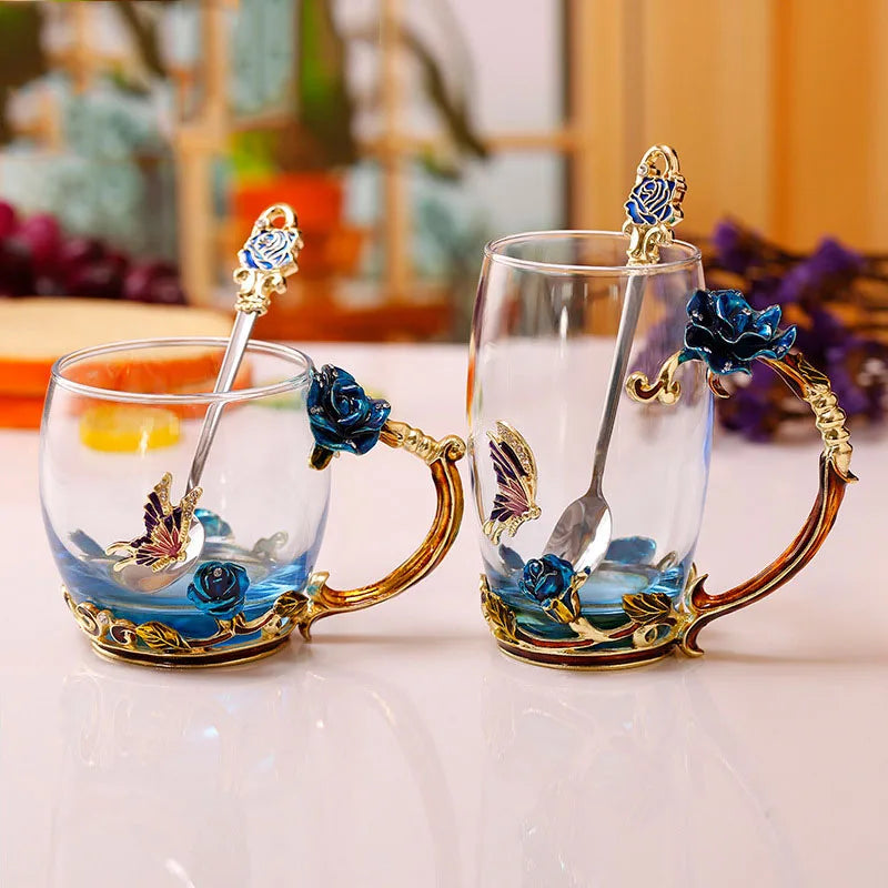 Avtoit | Handcrafted Enamel Coffee Mugs Rose-Glass Tea Cup with Steel Spoon Luxury Unique Gifts for Wedding Valentine's Day Birthday Gifts