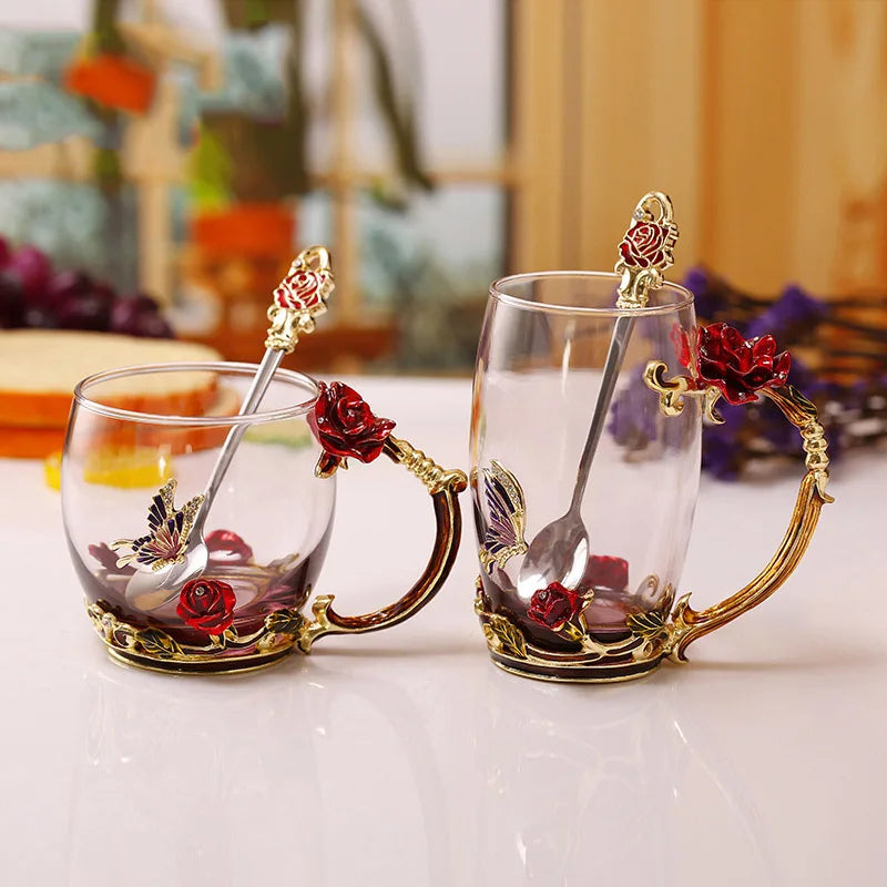 Avtoit | Handcrafted Enamel Coffee Mugs Rose-Glass Tea Cup with Steel Spoon Luxury Unique Gifts for Wedding Valentine's Day Birthday Gifts