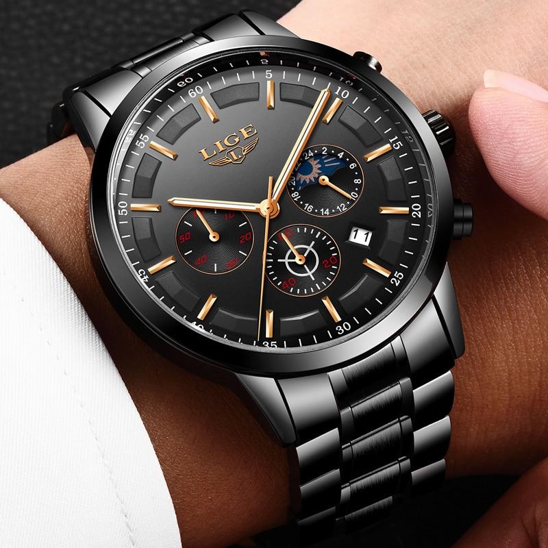 Avtoit | Military Black Steel Watch – Men's Stainless Steel Wristwatch with Day, Date & Night Display