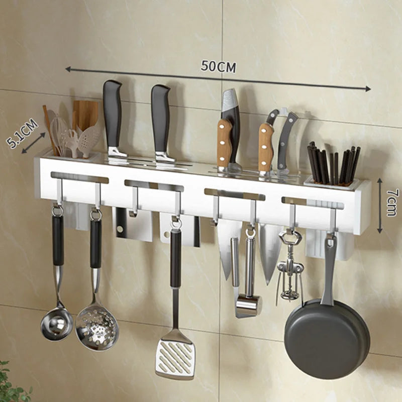 Avtoit | Organize Your Kitchen: Stainless Steel Wall-Mounted Knife Holder Shelf - Nail-Free Storage Shelf with Hooks for Cutlery - Cabinet Organizer for a Tidy Kitchen