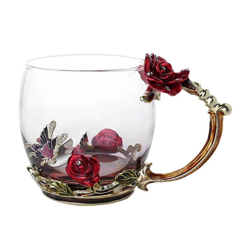 Avtoit | Handcrafted Enamel Coffee Mugs Rose-Glass Tea Cup with Steel Spoon Luxury Unique Gifts for Wedding Valentine's Day Birthday Gifts