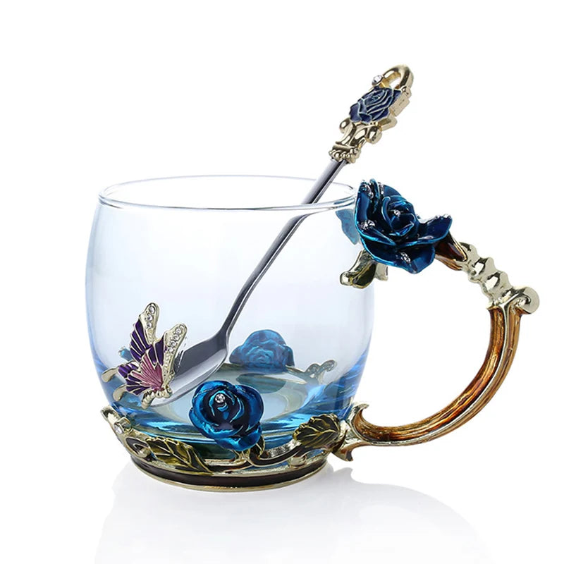 Avtoit | Handcrafted Enamel Coffee Mugs Rose-Glass Tea Cup with Steel Spoon Luxury Unique Gifts for Wedding Valentine's Day Birthday Gifts