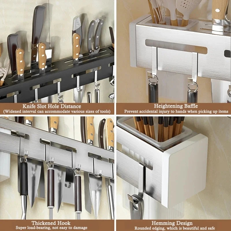 Avtoit | Organize Your Kitchen: Stainless Steel Wall-Mounted Knife Holder Shelf - Nail-Free Storage Shelf with Hooks for Cutlery - Cabinet Organizer for a Tidy Kitchen