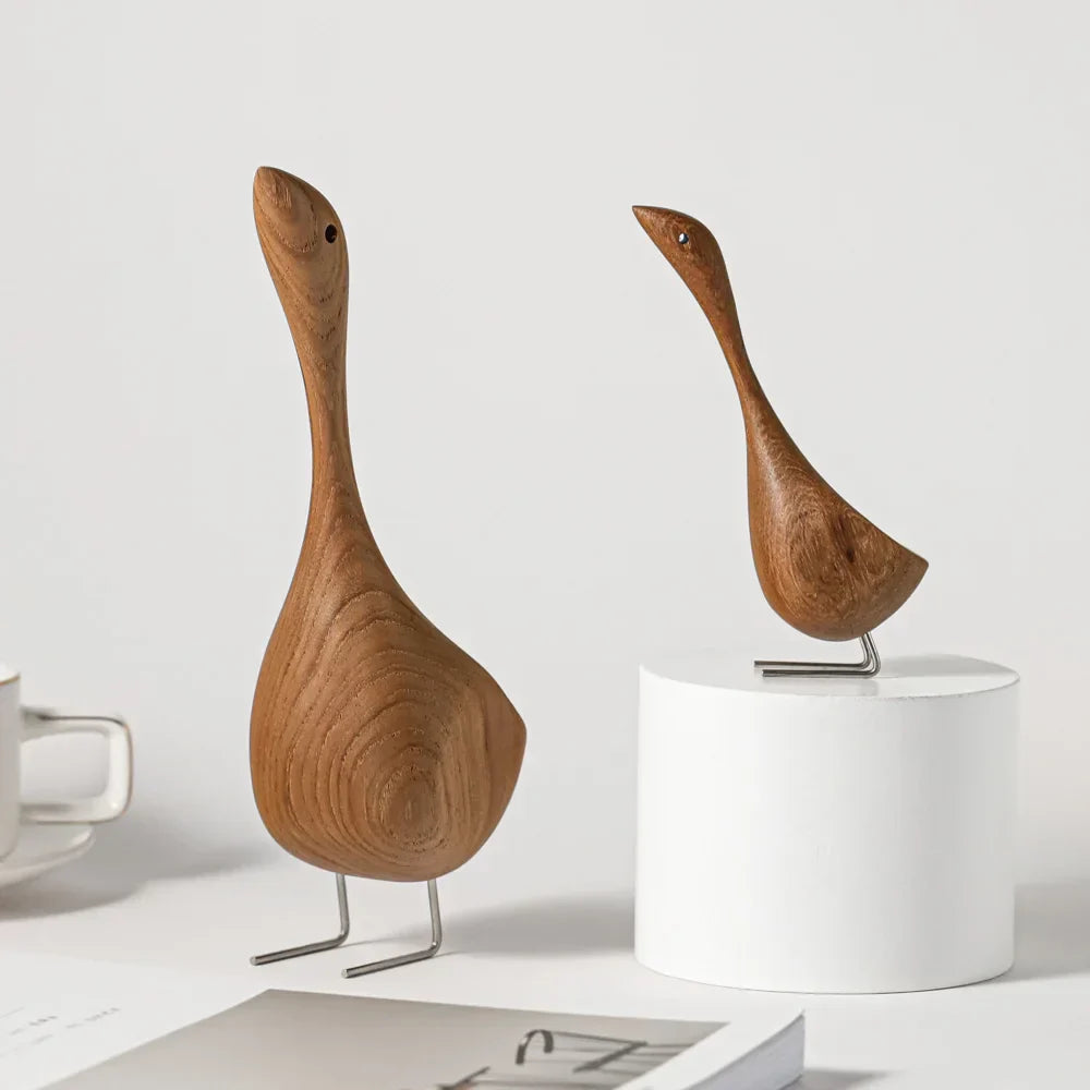 Avtoit | Nordic Wooden Goose Figures Abstract Teak Wood Sculpture Love Couple Figures Natural Animal Ornaments for Home Decoration
