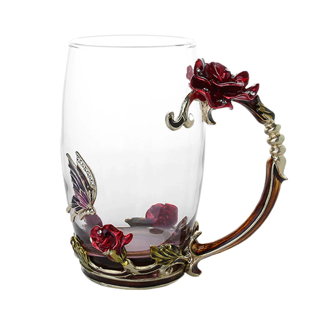 Avtoit | Handcrafted Enamel Coffee Mugs Rose-Glass Tea Cup with Steel Spoon Luxury Unique Gifts for Wedding Valentine's Day Birthday Gifts