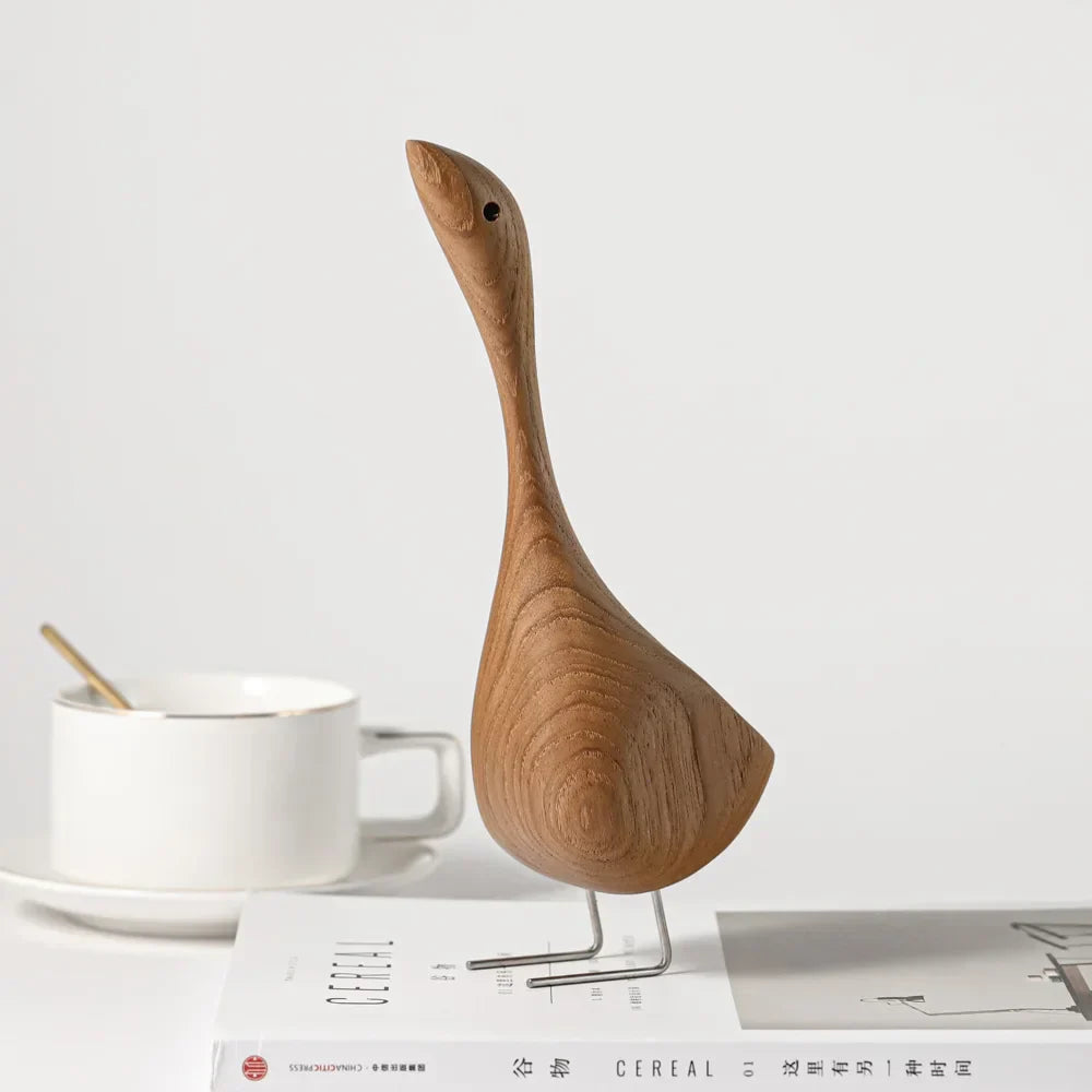 Avtoit | Nordic Wooden Goose Figures Abstract Teak Wood Sculpture Love Couple Figures Natural Animal Ornaments for Home Decoration