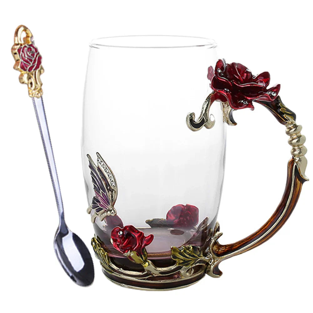 Avtoit | Handcrafted Enamel Coffee Mugs Rose-Glass Tea Cup with Steel Spoon Luxury Unique Gifts for Wedding Valentine's Day Birthday Gifts