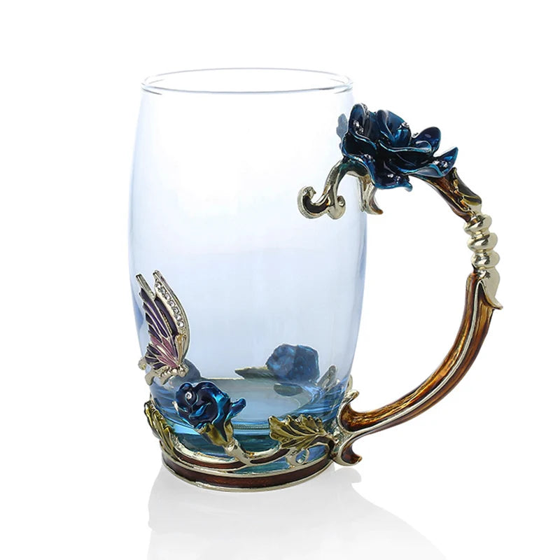 Avtoit | Handcrafted Enamel Coffee Mugs Rose-Glass Tea Cup with Steel Spoon Luxury Unique Gifts for Wedding Valentine's Day Birthday Gifts