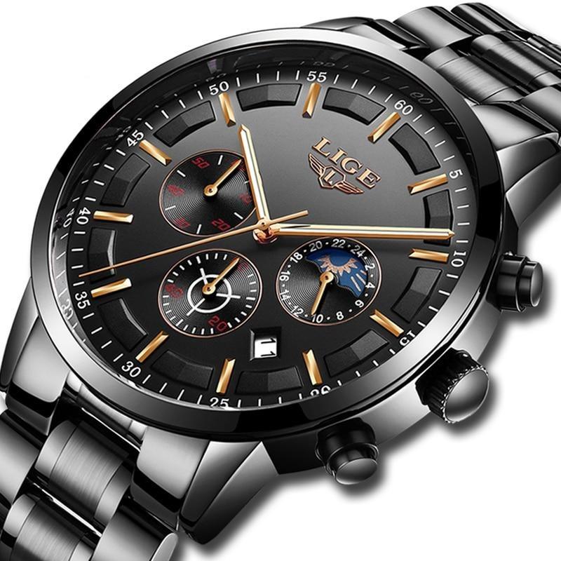 Avtoit | Military Black Steel Watch – Men's Stainless Steel Wristwatch with Day, Date & Night Display