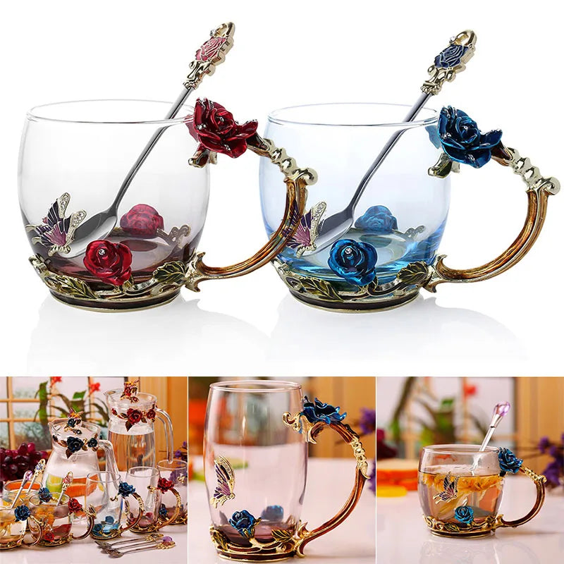 Avtoit | Handcrafted Enamel Coffee Mugs Rose-Glass Tea Cup with Steel Spoon Luxury Unique Gifts for Wedding Valentine's Day Birthday Gifts