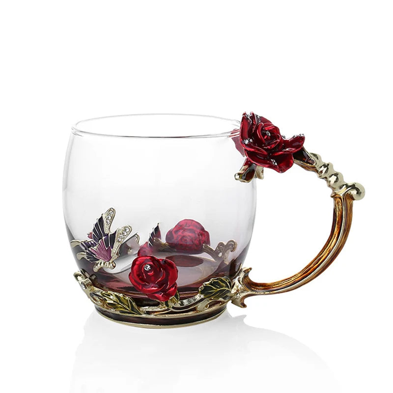Avtoit | Handcrafted Enamel Coffee Mugs Rose-Glass Tea Cup with Steel Spoon Luxury Unique Gifts for Wedding Valentine's Day Birthday Gifts