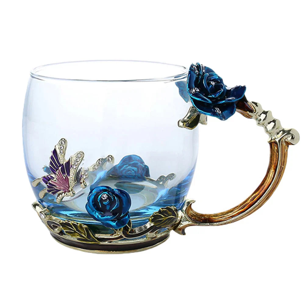 Avtoit | Handcrafted Enamel Coffee Mugs Rose-Glass Tea Cup with Steel Spoon Luxury Unique Gifts for Wedding Valentine's Day Birthday Gifts