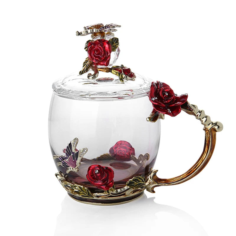 Avtoit | Handcrafted Enamel Coffee Mugs Rose-Glass Tea Cup with Steel Spoon Luxury Unique Gifts for Wedding Valentine's Day Birthday Gifts