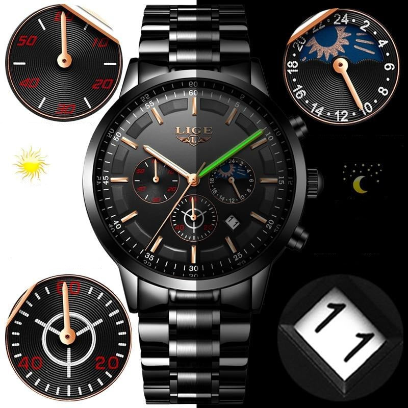 Avtoit | Military Black Steel Watch – Men's Stainless Steel Wristwatch with Day, Date & Night Display