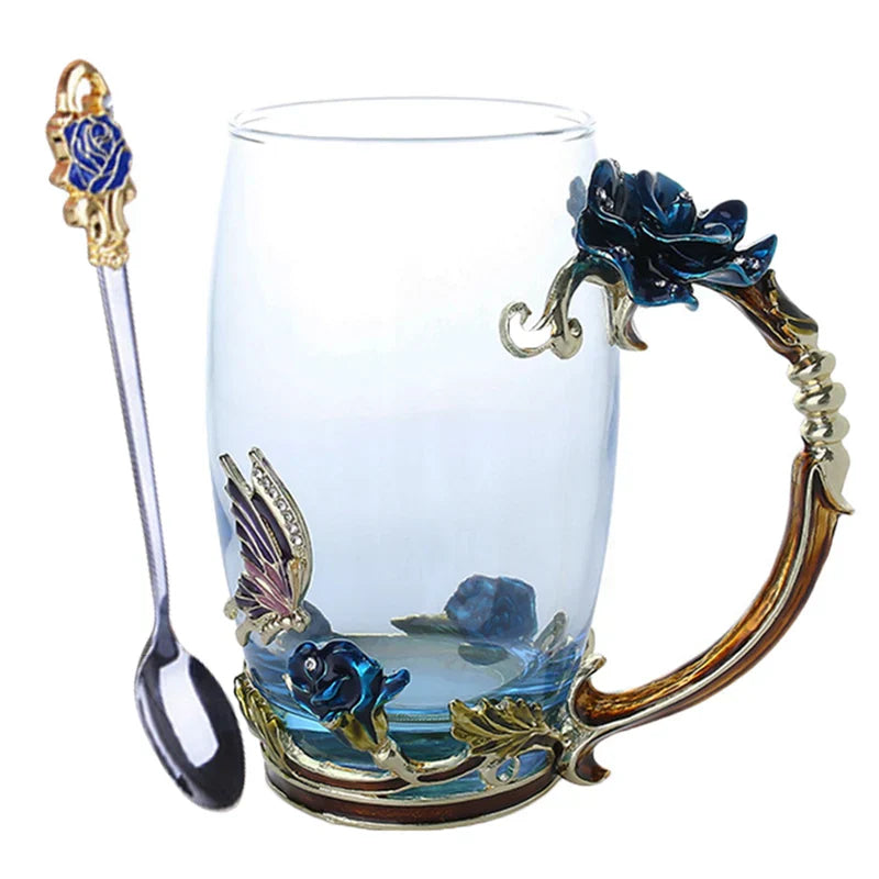 Avtoit | Handcrafted Enamel Coffee Mugs Rose-Glass Tea Cup with Steel Spoon Luxury Unique Gifts for Wedding Valentine's Day Birthday Gifts