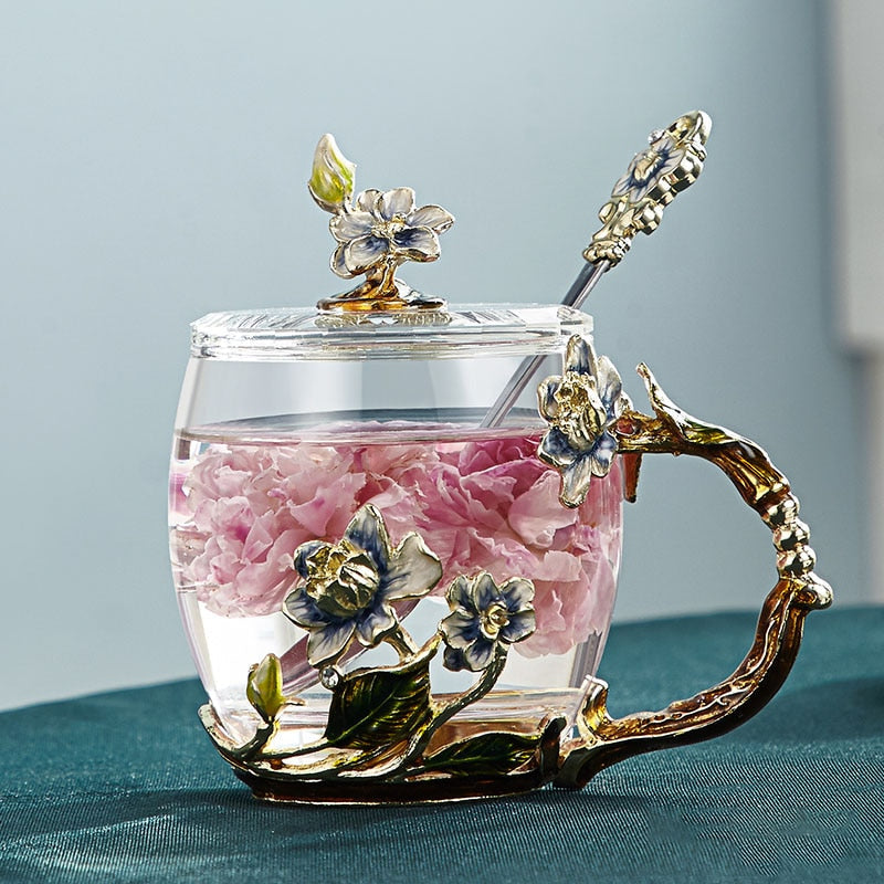 Avtoit | Handcrafted enamel flower glass mug for couples love gift can serve coffee, flavored tea or even lemon juice in