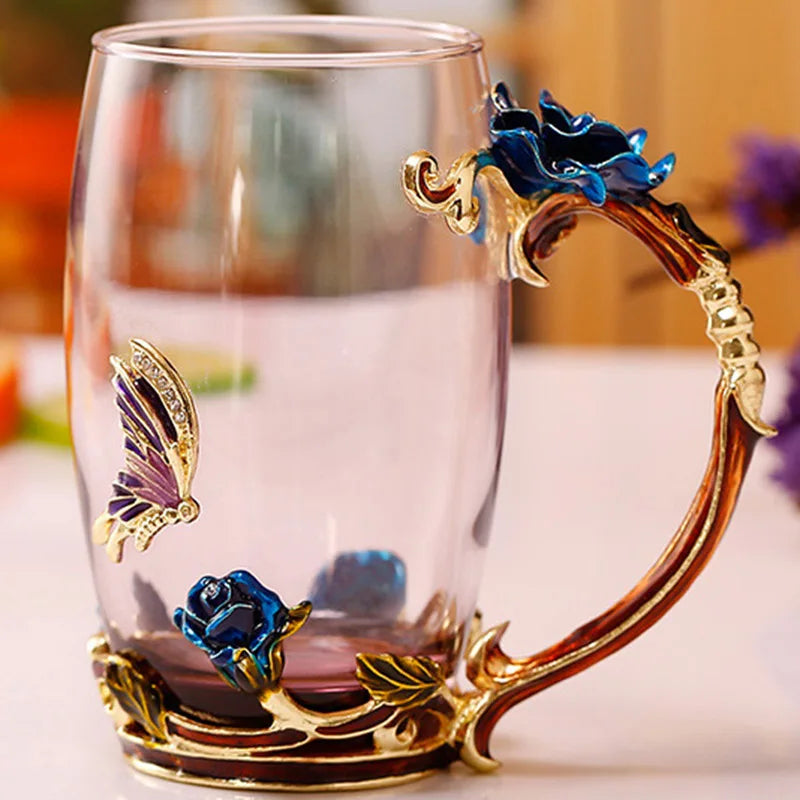 Avtoit | Handcrafted Enamel Coffee Mugs Rose-Glass Tea Cup with Steel Spoon Luxury Unique Gifts for Wedding Valentine's Day Birthday Gifts