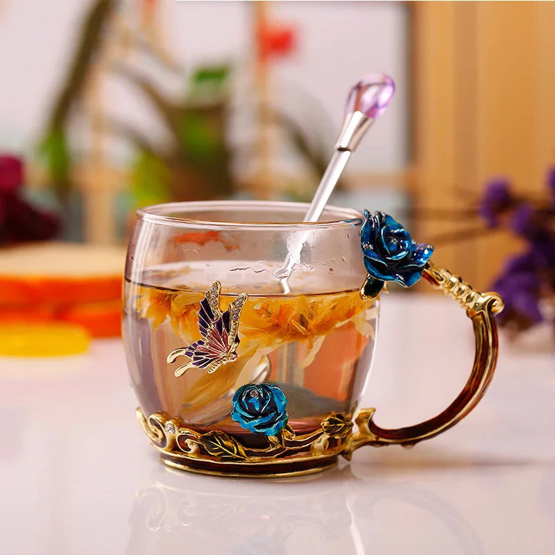 Avtoit | Handcrafted Enamel Coffee Mugs Rose-Glass Tea Cup with Steel Spoon Luxury Unique Gifts for Wedding Valentine's Day Birthday Gifts