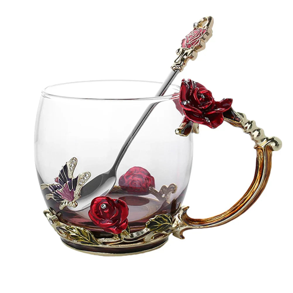 Avtoit | Handcrafted Enamel Coffee Mugs Rose-Glass Tea Cup with Steel Spoon Luxury Unique Gifts for Wedding Valentine's Day Birthday Gifts
