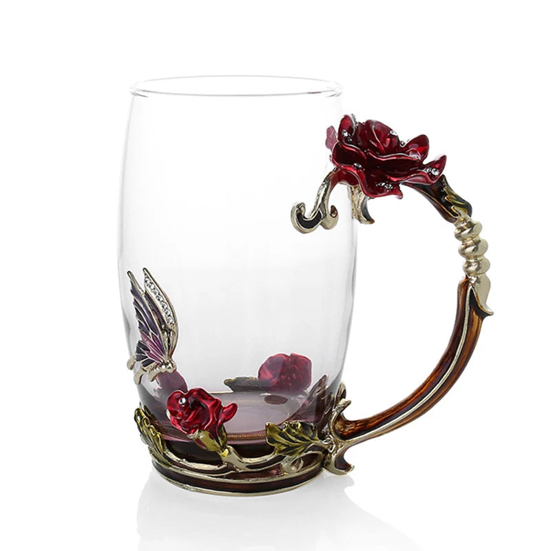 Avtoit | Handcrafted Enamel Coffee Mugs Rose-Glass Tea Cup with Steel Spoon Luxury Unique Gifts for Wedding Valentine's Day Birthday Gifts