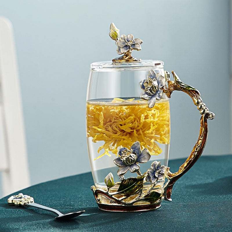 Avtoit | Handcrafted enamel flower glass mug for couples love gift can serve coffee, flavored tea or even lemon juice in