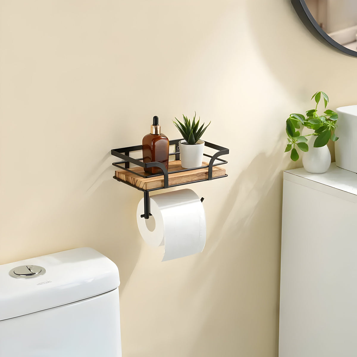 Avtoit | Wood Wall Shelf with Paper Holder | Bathroom Organizer