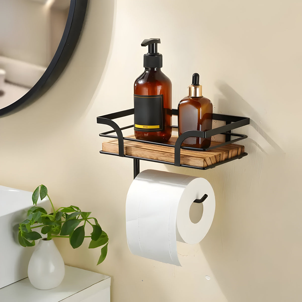 Avtoit | Wood Wall Shelf with Paper Holder | Bathroom Organizer