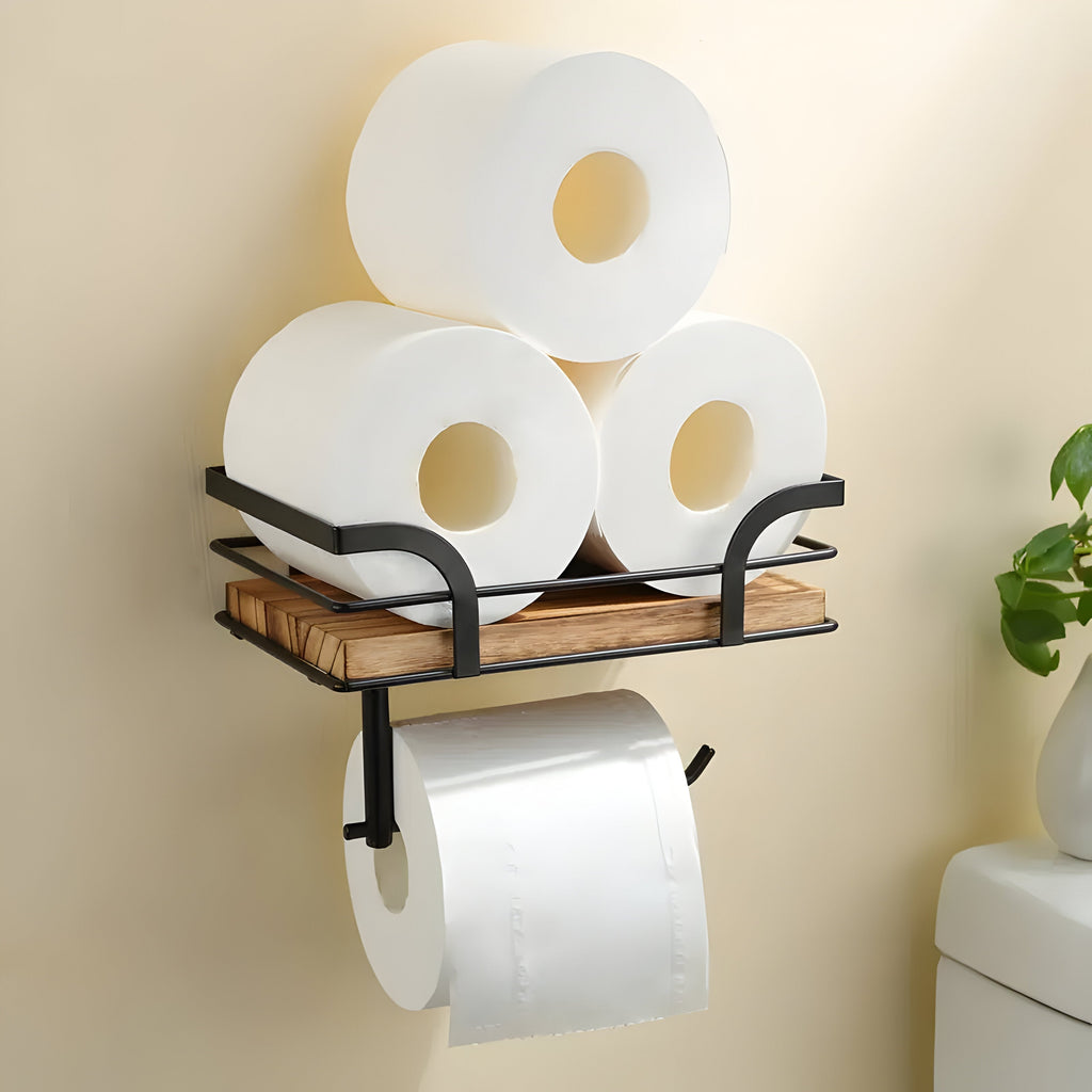 Avtoit | Wood Wall Shelf with Paper Holder | Bathroom Organizer
