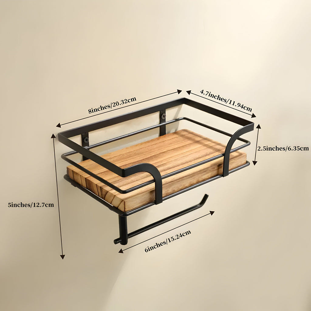 Avtoit | Wood Wall Shelf with Paper Holder | Bathroom Organizer