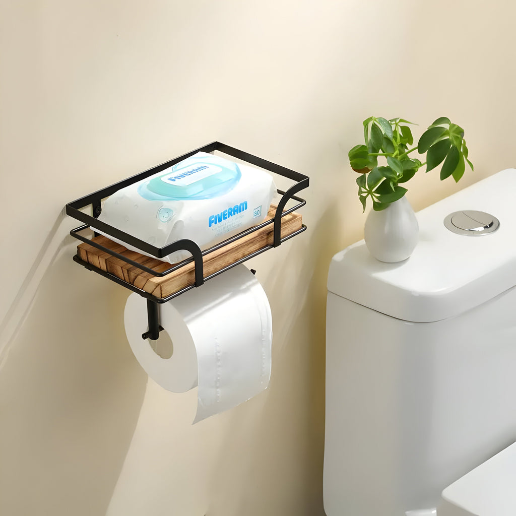 Avtoit | Wood Wall Shelf with Paper Holder | Bathroom Organizer
