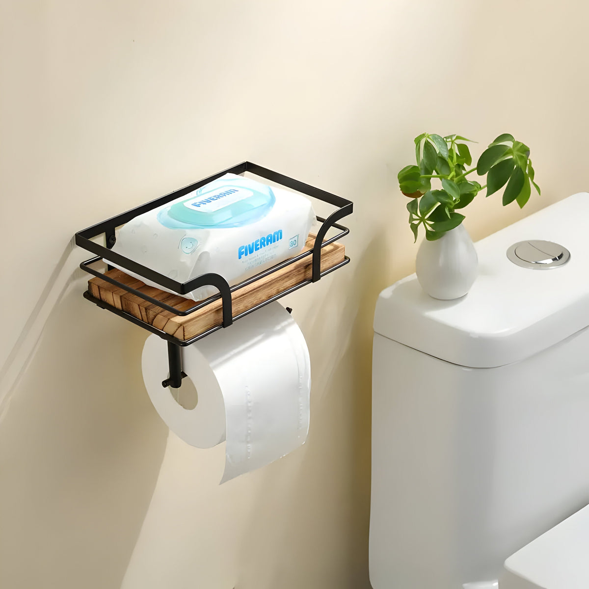 Avtoit | Wood Wall Shelf with Paper Holder | Bathroom Organizer