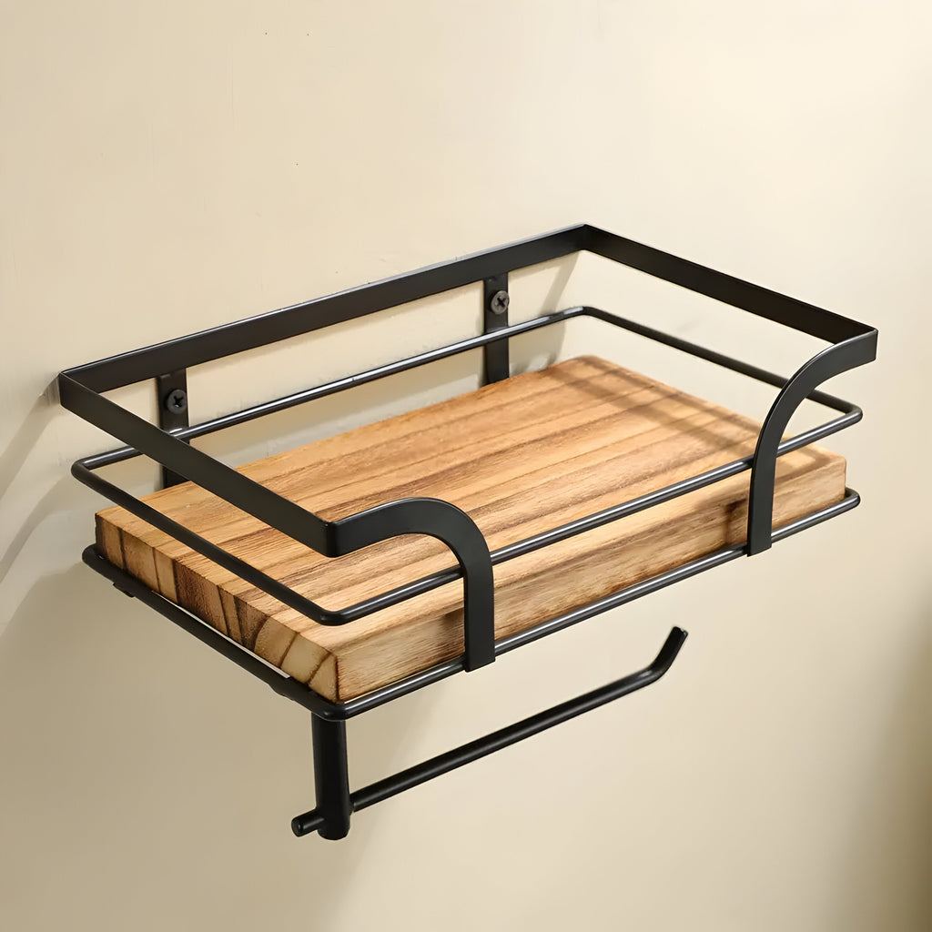 Avtoit | Wood Wall Shelf with Paper Holder | Bathroom Organizer