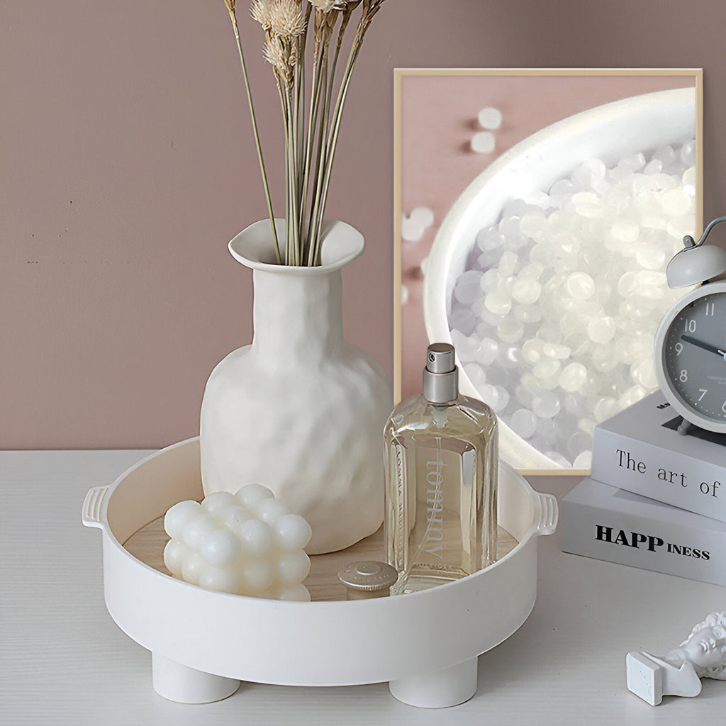 Avtoit | Round Serving Tray - Decorative Tray Made of Wood - White Tray Made of Ceramic