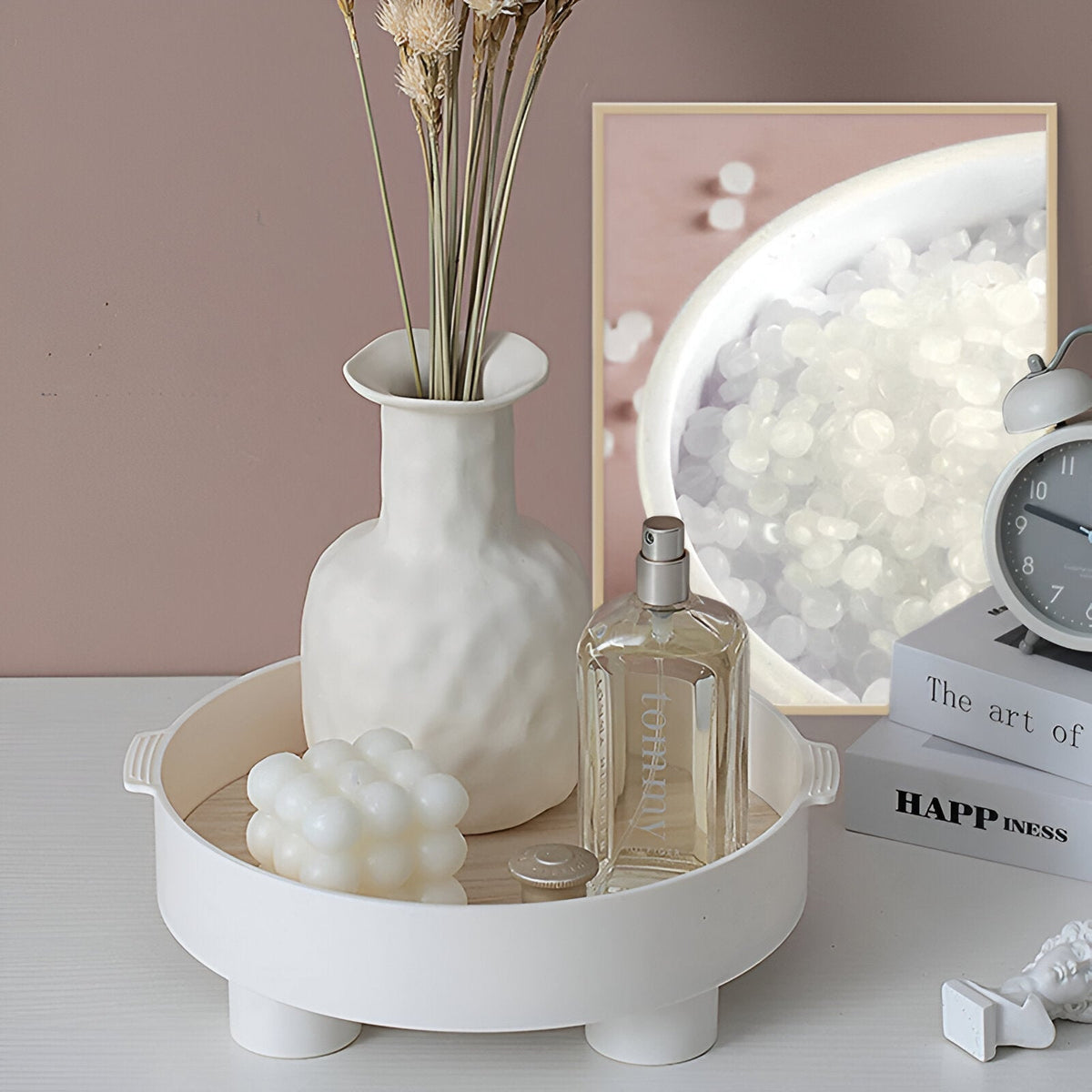 Avtoit | Round Serving Tray - Decorative Tray Made of Wood - White Tray Made of Ceramic