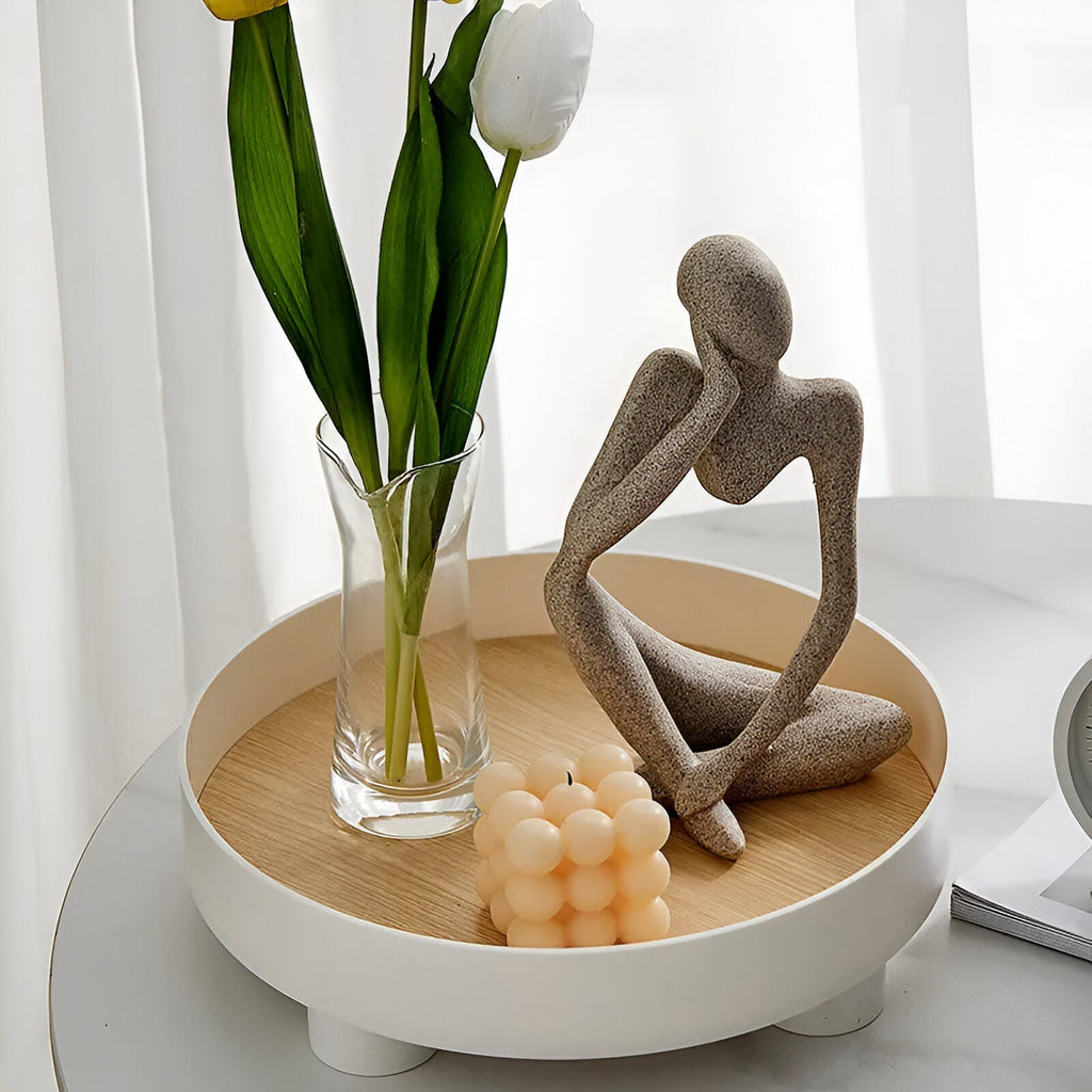 Avtoit | Round Serving Tray - Decorative Tray Made of Wood - White Tray Made of Ceramic