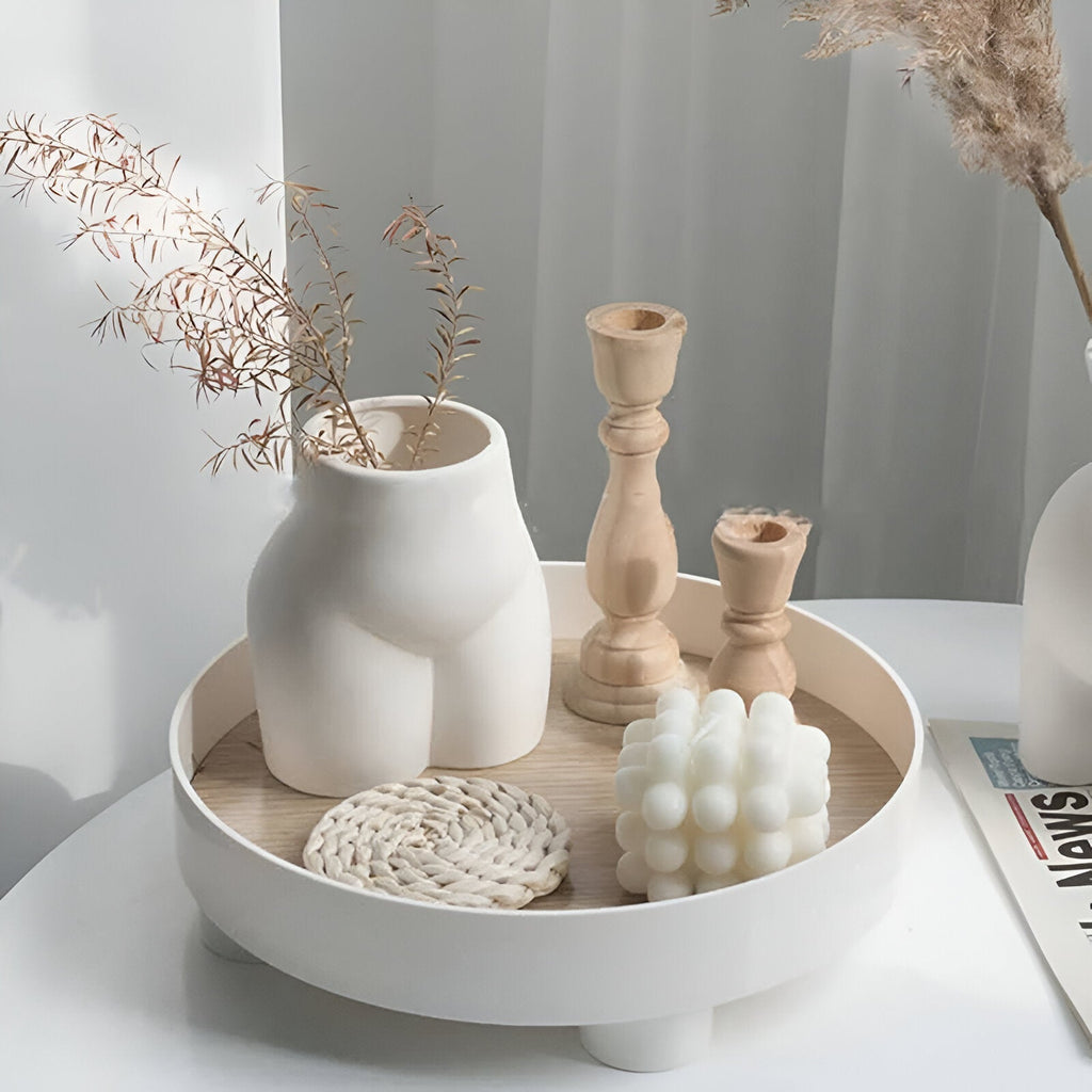 Avtoit | Round Serving Tray - Decorative Tray Made of Wood - White Tray Made of Ceramic