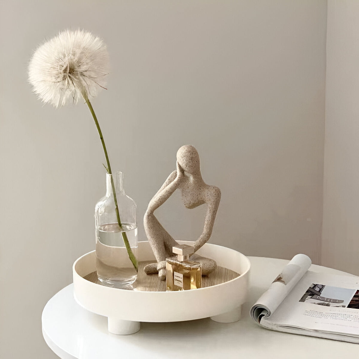 Avtoit | Round Serving Tray - Decorative Tray Made of Wood - White Tray Made of Ceramic