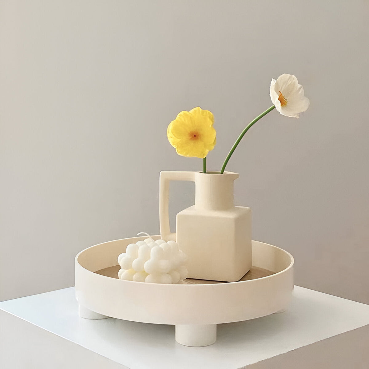 Avtoit | Round Serving Tray - Decorative Tray Made of Wood - White Tray Made of Ceramic