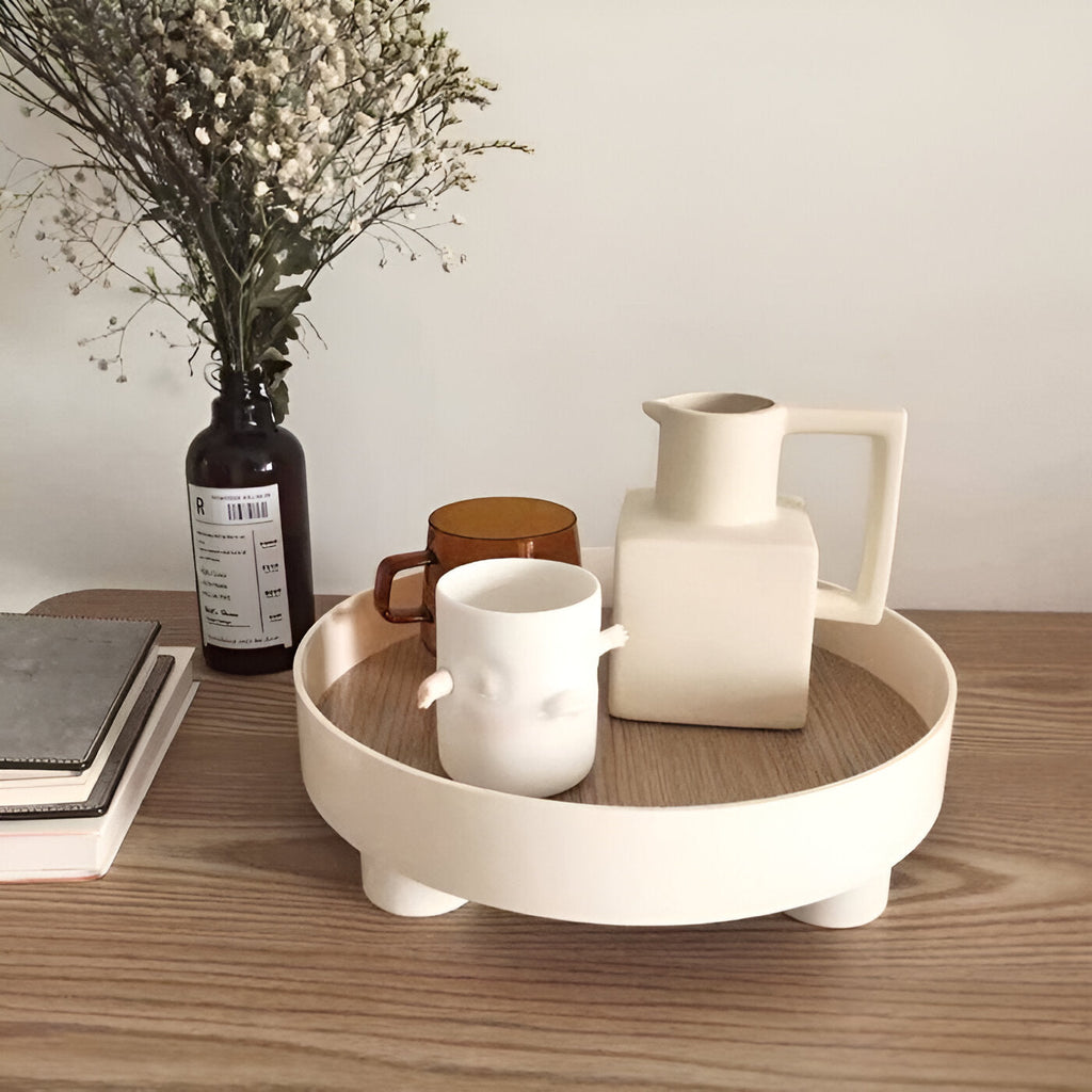 Avtoit | Round Serving Tray - Decorative Tray Made of Wood - White Tray Made of Ceramic