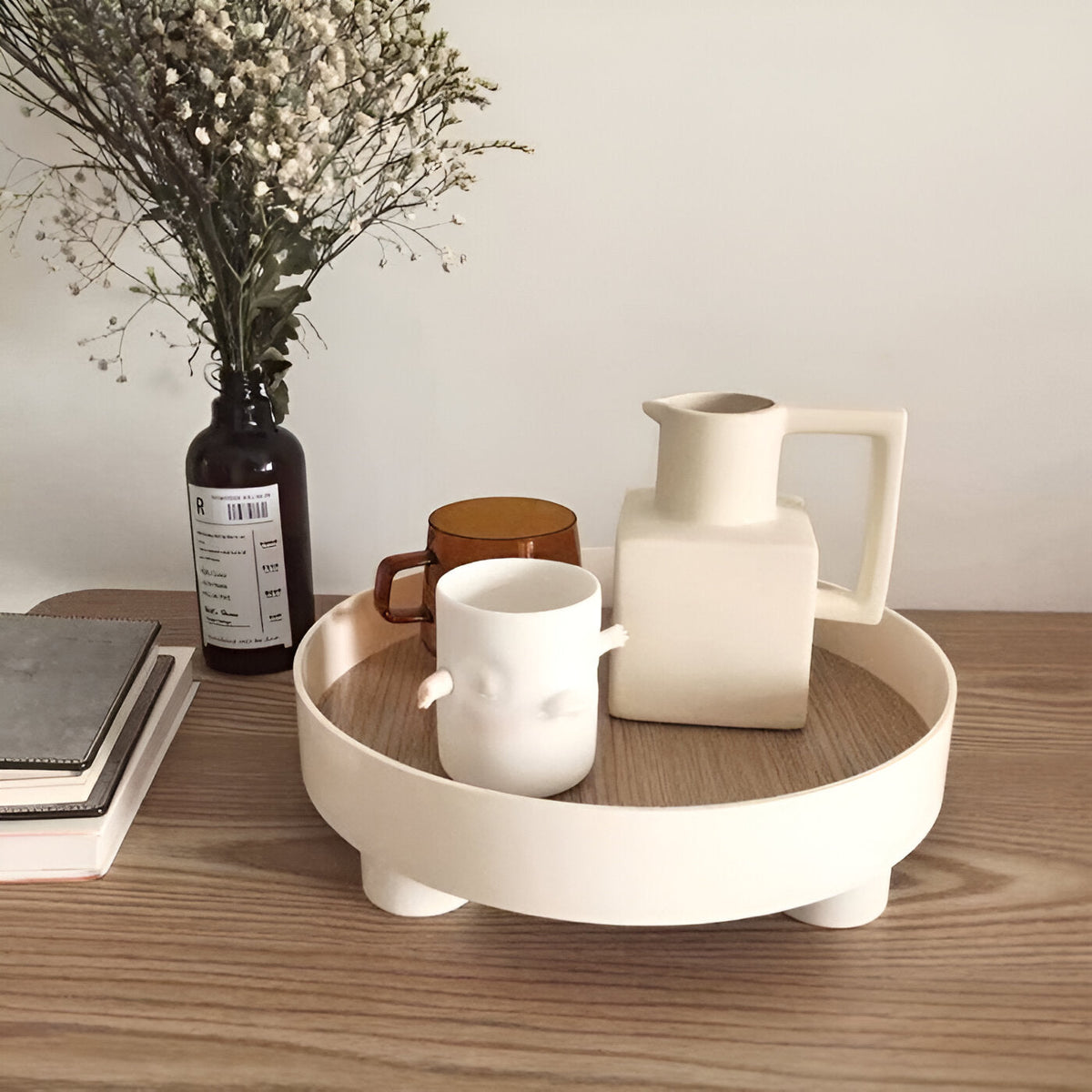 Avtoit | Round Serving Tray - Decorative Tray Made of Wood - White Tray Made of Ceramic