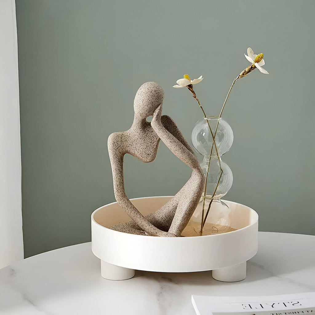 Avtoit | Round Serving Tray - Decorative Tray Made of Wood - White Tray Made of Ceramic