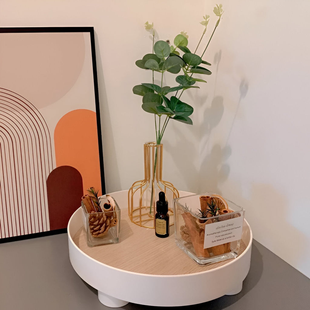Avtoit | Round Serving Tray - Decorative Tray Made of Wood - White Tray Made of Ceramic