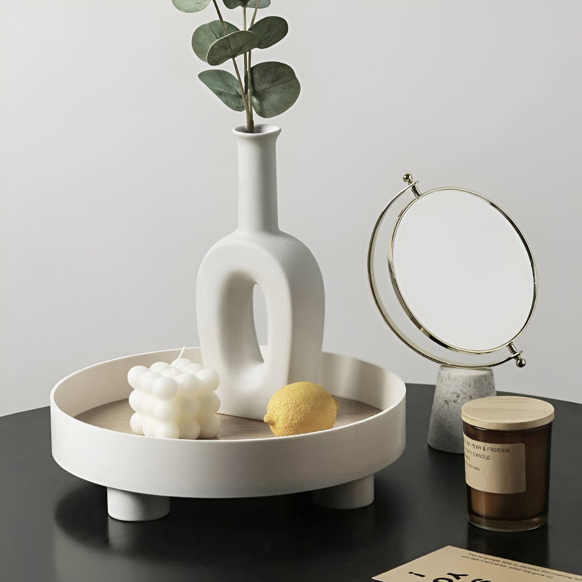 Avtoit | Round Serving Tray - Decorative Tray Made of Wood - White Tray Made of Ceramic