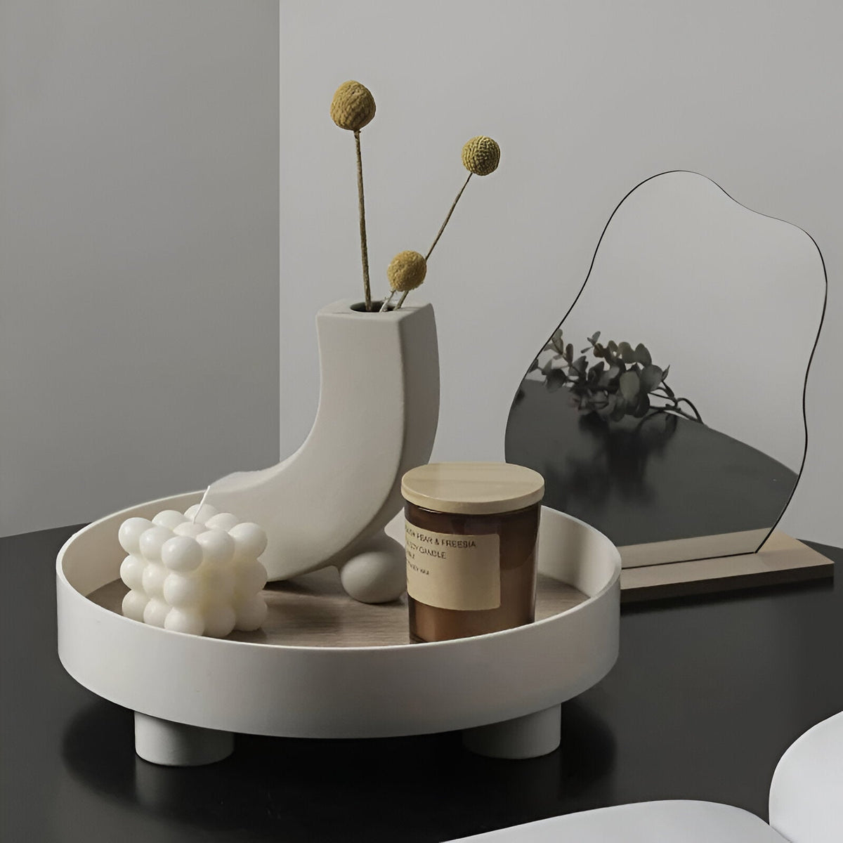 Avtoit | Round Serving Tray - Decorative Tray Made of Wood - White Tray Made of Ceramic