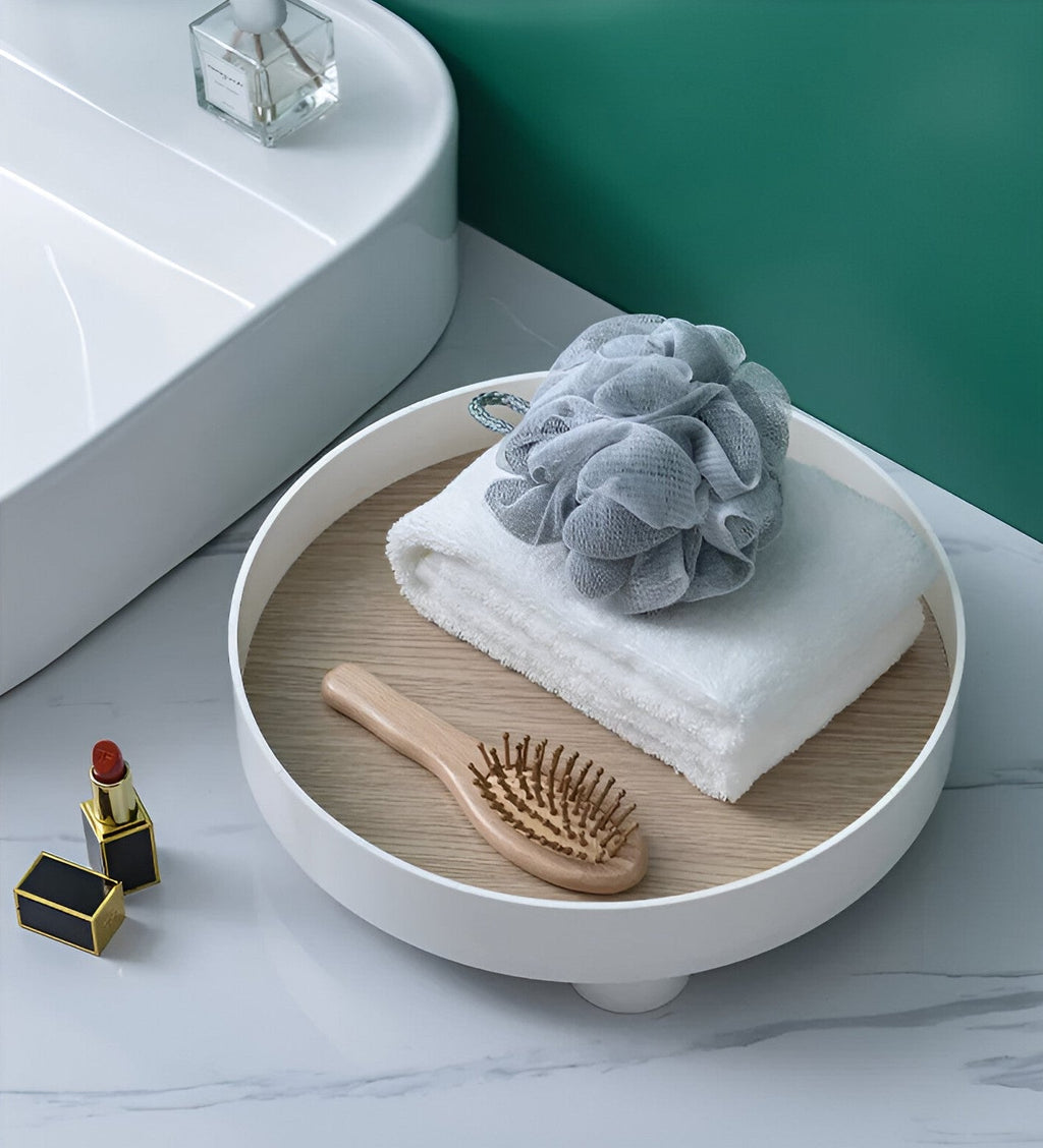 Avtoit | Round Serving Tray - Decorative Tray Made of Wood - White Tray Made of Ceramic
