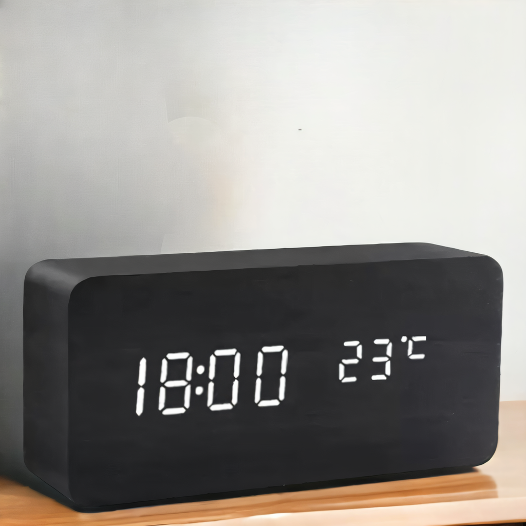 Avtoit | WakeyCue | Modern Wooden LED Digital Alarm Clock with Temperature & Humidity Display