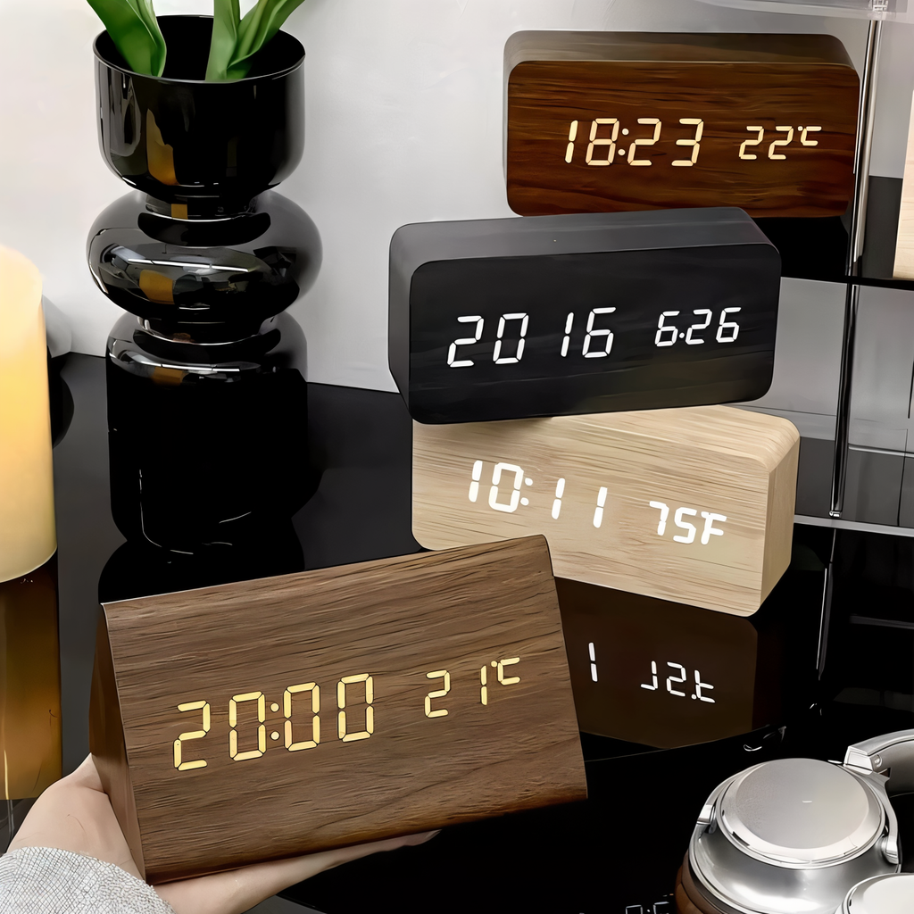 Avtoit | WakeyCue | Modern Wooden LED Digital Alarm Clock with Temperature & Humidity Display
