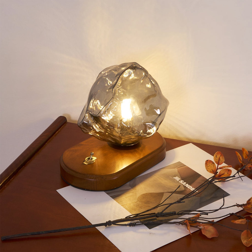 Avtoit | RusticLume – Amber Glass and Wooden Table Lamp