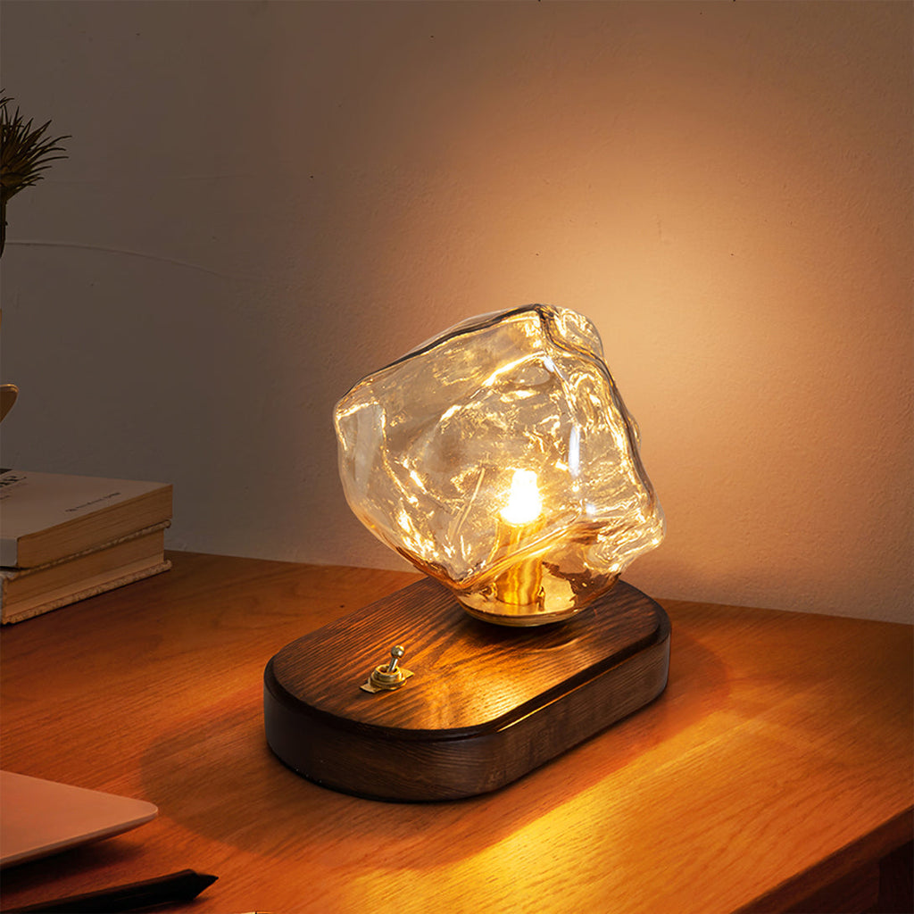 Avtoit | RusticLume – Amber Glass and Wooden Table Lamp